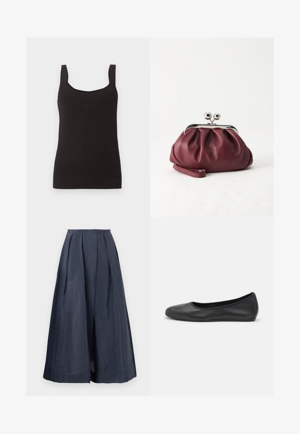 Débardeur noir côtelé sans manches avec encolure carrée et larges bretelles, avec un petit logo discret au centre devant.; Jupe midi bleu marine à taille haute, évasée et avec de légers plis sur un fond uni.; Ballerines en cuir noir avec un bout rond, texture lisse, détails de couture minimalistes et design de semelle flexible.; Petit sac pochette en cuir bordeaux avec fermoir métallique argenté et bracelet sur fond blanc.