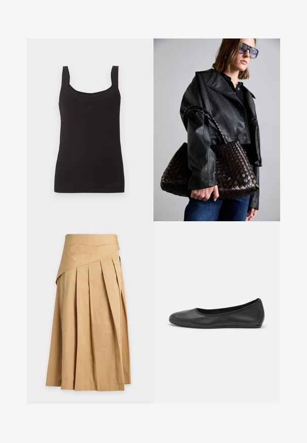 Débardeur noir côtelé sans manches avec encolure carrée et larges bretelles, avec un petit logo discret au centre devant.; Jupe midi beige avec larges plis et détail de ceinture superposée sur fond uni clair.; Ballerines en cuir noir avec un bout rond, texture lisse, détails de couture minimalistes et design de semelle flexible.; DRAGON DIFFUSION SANTA CROCE BIG - Sac à main - dark brown