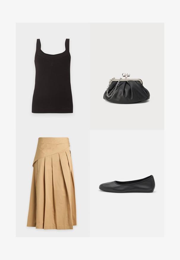 Débardeur noir côtelé sans manches avec encolure carrée et larges bretelles, avec un petit logo discret au centre devant.; Jupe midi beige avec larges plis et détail de ceinture superposée sur fond uni clair.; Ballerines en cuir noir avec un bout rond, texture lisse, détails de couture minimalistes et design de semelle flexible.; Porte-monnaie en cuir noir avec texture froncée, cadre en métal argenté, fermeture à verrouillage kiss-lock et bandoulière en chaîne. Surface lisse et douce.