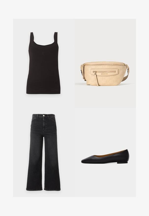 Débardeur noir côtelé sans manches avec encolure carrée et larges bretelles, avec un petit logo discret au centre devant.; Jean en denim noir taille haute avec jambes larges, fermeture par bouton et zip, et poches avant.; Chaussure plate en cuir noir à bout pointu avec talon bas et finition lisse, vue de côté sur un fond gris clair.; Sac banane en cuir beige embossé du logo "MK" répété, avec une poche avant zippée et une bandoulière réglable.