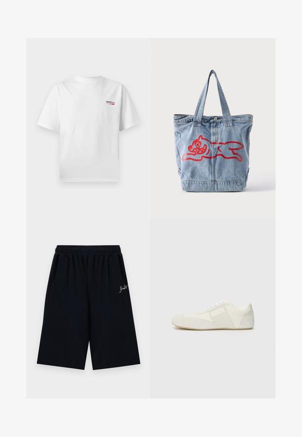 Λευκό κοντομάνικο T-shirt με στρογγυλή λαιμόκοψη και μικρό λογότυπο "bareenmoto" με κόκκινη υπογράμμιση στο πάνω αριστερό μέρος του στήθους.; Μαύρες σορτς μέχρι το γόνατο με ελαστική μέση και μικρό λευκό κείμενο σε πλάγια γραφή στη δεξιά πλευρά.; Λευκό αθλητικό παπούτσι με κομψό σχέδιο, διαθέτοντας καπάκι από σουέντ στη μύτη, δερμάτινες πάνες και αντιθετικά υφασμάτινα στοιχεία. Χαμηλή λαστιχένια σόλα.; Τσάντα tote από ανοιχτό μπλε τζιν με δύο λαβές και κόκκινο περίγραμμα ενός κινούμενου καρτούν ζώου που τρέχει στο μπροστινό μέρος.