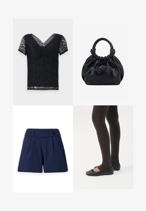 Schwarzes Spitzenoberteil mit V-Ausschnitt und kurzen Ärmeln. Verfügt über florale Muster und gewellte Spitzenkanten. Teilweise transparente Stoffqualität.; Tiefblau zugeschnittene Shorts aus leichtem Stoff, mit zwei vorderen Falten und zwei schwarzen Knöpfen am Bund.; Beine in dunklen, gerippten Leggings kombiniert mit schwarzen Ballerinas mit kleinen Schleifendetails auf weißem Hintergrund.; Schwarze weiche Lederhandtasche mit gerafftem oberen Teil und zwei dicken, zu Knoten gebundenen Griffen vor einem einfarbigen hellen Hintergrund.