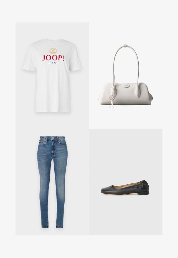 T-shirt en coton blanc avec un col rond, des manches courtes et un texte multicolore en gras : "JOOP !" en rouge et "JEANS" en bleu, sous un emblème doré.; Jeans skinny taille haute en denim bleu clair, présentant une coupe cinq poches, des passants de ceinture et une fermeture à glissière avec un bouton.; Ballerines en cuir noir avec un bout arrondi et des coutures minimales. Talon bas et rectangulaire avec une texture lisse. Détails subtils de doublure intérieure.; Sac à bandoulière blanc Calvin Klein avec longues poignées, forme rectangulaire, fermeture éclair et charm logo décoratif suspendu près de la poignée.