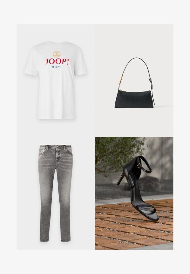 T-shirt en coton blanc avec un col rond, des manches courtes et un texte multicolore en gras : "JOOP !" en rouge et "JEANS" en bleu, sous un emblème doré.; Jeans skinny en denim gris avec cinq poches, délavage et détails en rivets. Présente une fermeture à bouton et des passants de ceinture le long de la taille.; Sandale noire à talon haut avec sangle à la cheville, suspendue au-dessus d'un sol en carreaux de bois à l'extérieur, avec un arrière-plan flou de verdure et de pierre.; Sac à main en cuir noir avec une fermeture éclair dorée et une bandoulière ajustable présentant des détails rectangulaires dorés sur fond blanc.