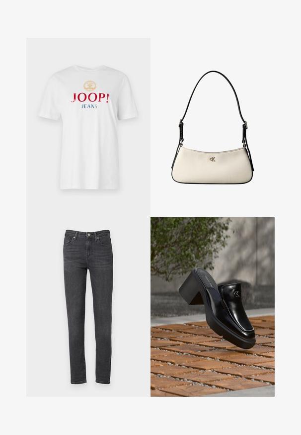 T-shirt en coton blanc avec un col rond, des manches courtes et un texte multicolore en gras : "JOOP !" en rouge et "JEANS" en bleu, sous un emblème doré.; Jean en denim gris foncé avec une coupe slim, comportant cinq poches et une fermeture à bouton. Texture lisse et minimalisme dans les détails matériels.; Mule slip-on en cuir noir Calvin Klein avec talon bloc reposant sur des carreaux en bois à l'extérieur près d'une plante verte et d'un mur gris.; Petit sac à bandoulière crème avec bordure noire, sangle noire réglable et logo "cK" argenté au centre devant.