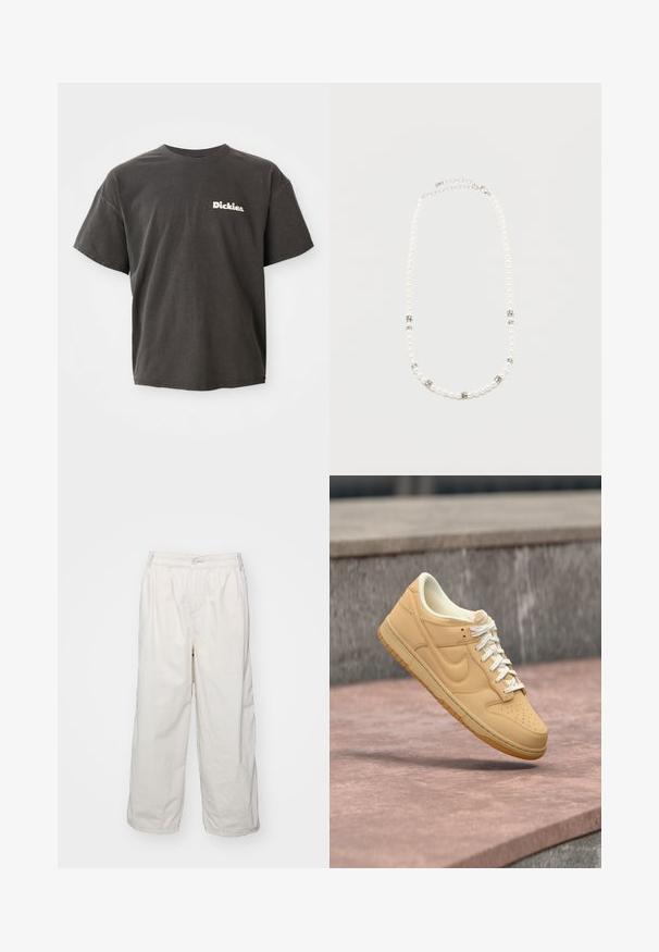 Donkergrijze t-shirt met korte mouwen en het logo "Dickies." in het wit op de linkerkant van de borst, ronde hals en een relaxed fit.; Witte katoenen wijde broek met een elastische tailleband, voorzien van een knoopsluiting aan de voorkant en zijzakken. Gladde textuur en minimalistisch ontwerp.; Beige Nike lage sneaker met witte veters en een gumzool die zweeft boven een stenen oppervlak en een betonnen achtergrond.; Witte parelketting met zilveren strass tussenstukjes en een zilveren ketting sluiting, weergegeven tegen een eenvoudige lichte achtergrond.