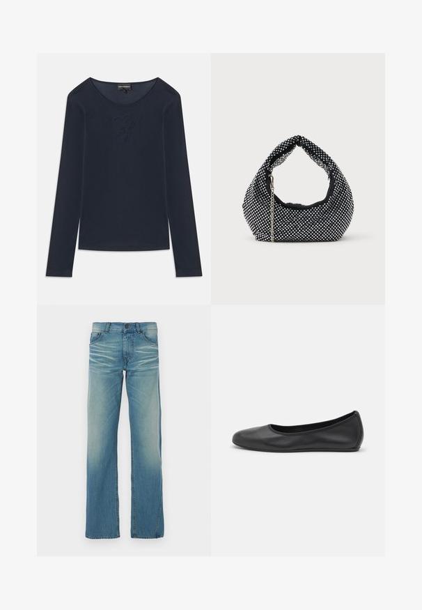 Mørkeblå langærmet T-shirt med rund hals og diskret broderet logo på brystet, lavet af blødt stof, fladt lagt på hvid baggrund.; Lyseblå denimjeans med lige ben, blegning, fem lommer og knaplukning. Synlig syning som accent.; Sort læderballetsko med rund tå, glat tekstur, minimal syning og et fleksibelt såldesign.; Sort mesh håndtaske prydet med sølvnitter, udstyret med et buet håndtag og en kædetraspe. Blød tekstur med en rund form.
