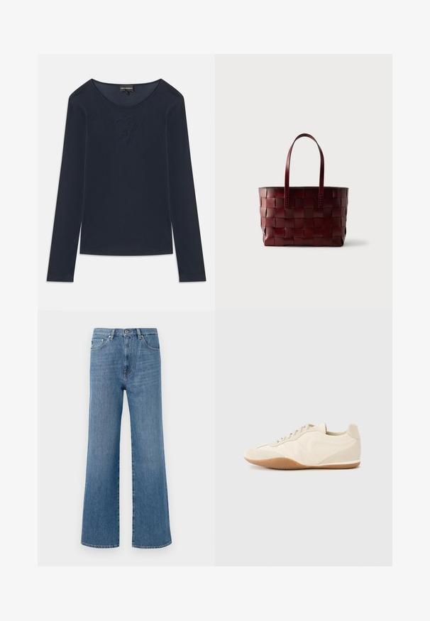 Navyblauwe lang-sleeve crew neck shirt met subtiele geborduurde logo op de borst, gemaakt van zachte stof, vlakgelegd op een witte achtergrond.; Lichtblauwe denim wide-leg jeans met hoge taille, met een voorste knoopsluiting, vijf zakken en een schone zoomafwerking.; Lichtbeige sneakers met een textuur van leer op het bovenwerk, getextureerde zijpanelen en een rubberen zool. Voorzien van een slank, gestroomlijnd ontwerp en platte veters.; Geweven donkerbruine leren draagtas met twee schouderbanden, geplaatst tegen een effen lichte achtergrond.