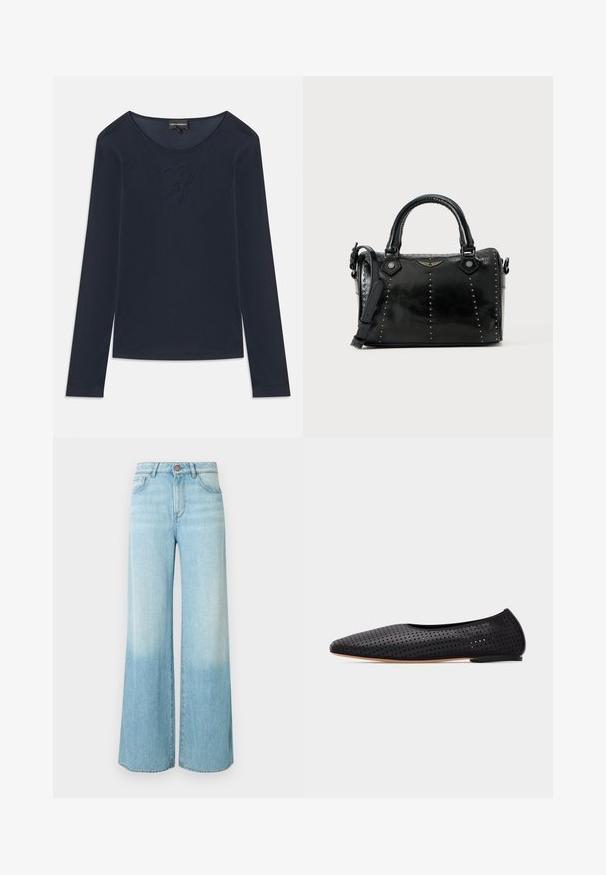 Marineblaue Langarmshirt mit Rundhalsausschnitt und dezentem gesticktem Logo auf der Brust, aus weichem Stoff, auf weißem Hintergrund flach ausgelegt.; Hellblaue Jeans mit weitem Bein aus Denim, mit einem verwaschenen Look, hoher Taille, Vordertaschen und einem einzelnen Knopfverschluss.; Schwarzer perforierter Leder-Ballerina mit spitzer Zehenpartie und niedrigem Absatz, seitlich auf weißem Hintergrund dargestellt.; Schwarze Lederhandtasche mit strukturierter Form, ausgestattet mit silbernen Nieten, zwei oberen Griffen und einem abnehmbaren Schulterriemen.