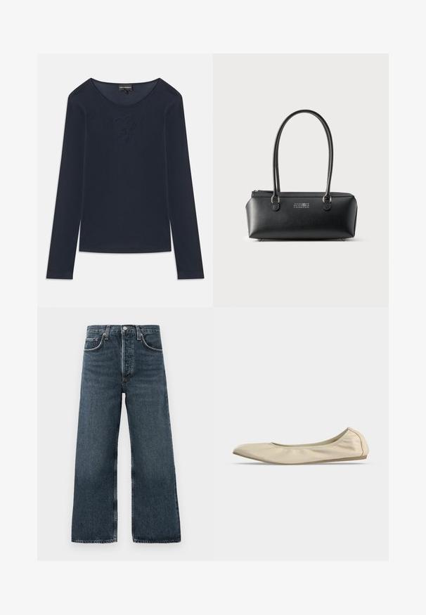 Mørkeblå langærmet T-shirt med rund hals og diskret broderet logo på brystet, lavet af blødt stof, fladt lagt på hvid baggrund.; Mørke denim brede ben jeans med knap- og lynlåslukning, udstyret med fem lommer og subtilt slid på stoffet.; Beige blødt læder balletsko med rundet tå, lavt snit i siden og tynd gummisål på en ensartet hvid baggrund.; Sort rektangulær læderhåndtaske med to lange håndtag og hvidt numerisk logo placeret centreret foran.