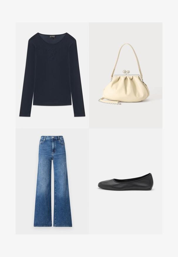 Marineblaue Langarmshirt mit Rundhalsausschnitt und dezentem gesticktem Logo auf der Brust, aus weichem Stoff, auf weißem Hintergrund flach ausgelegt.; Weite blaue Denim-Jeans mit hoher Taille, ausgestattet mit einem Knopfverschluss, vorderen Taschen und subtilen Ausbleichungen für eine interessante Textur.; Schwarze Leder-Ballettschuhe mit abgerundeter Spitze, glatter Textur, minimalen Nähdetails und einem flexiblen Sohlen-Design.; Cremafarbene weiche Lederhandtasche mit gerafftem Design, silbernem Rahmenschloss, kurzem Griff und abnehmbarem Kettenriemen.