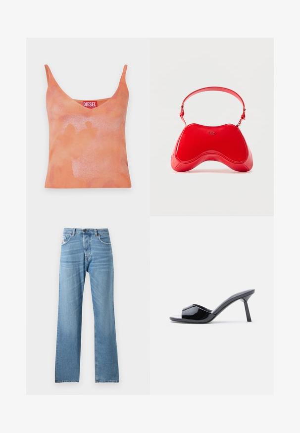 Débardeur orange à côtes avec un col en V et des fines bretelles. Présente un motif délavé subtil et une étiquette rouge avec le nom de la marque "DIESEL".; Jeans en denim bleu clair avec une coupe droite, dotés d'une taille standard, de cinq poches et d'un léger dégradé sur le tissu.; Sandales à talons ouverts en cuir verni noir, avec un design supérieur incurvé et un talon aiguille effilé. Finition lisse et brillante.; Sac en cuir verni rouge avec une forme incurvée et ergonomique, doté d'une fine sangle réglable et d'un discret logo sur le devant.