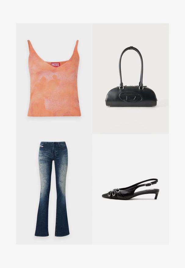 Débardeur orange à côtes avec un col en V et des fines bretelles. Présente un motif délavé subtil et une étiquette rouge avec le nom de la marque "DIESEL".; Jean en denim évasé avec un bleu foncé délavé, surface texturée et fermeture éclair. Design à cinq poches avec étiquette de marque.; Chaussure slingback en cuir noir avec bout pointu, trois boucles argentées à l'avant et petit talon kitten sur fond blanc.; Sac à main en cuir noir avec longues poignées doubles et logo ovale embossé sur le devant, présenté sur un fond clair uni.