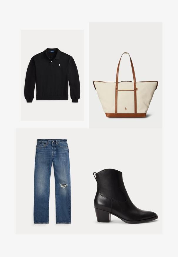 Must pikkade varrukatega polo, soonikkoes mansettide, kahe nupuga plaketiga ja vasakul rinnal väike valge tikitud logo.; Sinine denim-püksid keskmise talje kõrgusega, viie taskuga ja kulunud rebendiga paremas põlves.; Mustast nahast pahkluu saabas madala plokksisetallaga, ümardatud ninaga ja tagaküljel tõmbenööriga, valgel taustal.; Kreem värvi kangast kott pruunide nahktaskutega, millel on kaks pikka käepidet, eesmine lukutasku ja logo põhja lähedal.