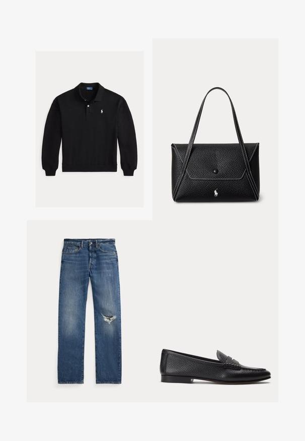 Polo noir à manches longues avec poignets côtelés, patte à deux boutons et petit logo blanc brodé sur la poitrine gauche.; Jean en denim bleu avec une taille mi-haute, cinq poches et une déchirure effilochée au genou droit.; Mocassin en cuir texturé noir avec petit talon et détail classique de bride à pièce, présenté de profil sur un fond clair uni.; Sac à main en cuir texturé noir avec rabat à bouton unique, deux bretelles, coutures blanches et petit logo cheval blanc à l'avant.
