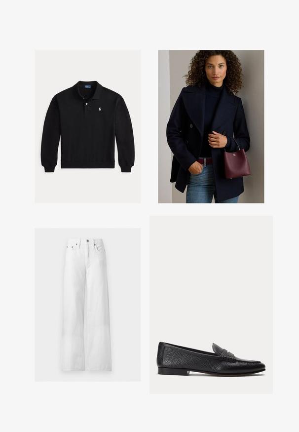Zwart poloshirt met lange mouwen, geribde manchetten, een twee-knops sluiting en klein wit geborduurd logo op de linkerborst.; Witte jeans met hoge taille en wijde pijpen, met knoop aan de voorkant, rits, riemlussen en ontwerp met vijf zakken op een effen achtergrond.; Zwarte, getextureerde leren loafer met lage hak en klassieke pennyband-detail, zijaanzicht op een eenvoudige lichte achtergrond.; Vrouw met krullend haar die een donkere jas, een zwarte coltrui en blauwe spijkerbroek draagt, en een kleine bordeauxrode handtas met een zilveren logo vasthoudt.