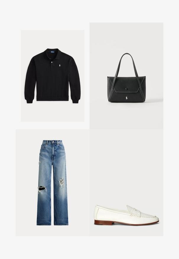 Zwart poloshirt met lange mouwen, geribde manchetten, een twee-knops sluiting en klein wit geborduurd logo op de linkerborst.; Blauwe denim jeans met wijde pijpen en versleten scheuren bij de knieën, met een hoge taille, knoopsluiting en klassiek ontwerp met vijf zakken.; Witte leren instappers met een getextureerde afwerking, ronde neus en geweven accent. Lage houten hak en minimalistisch ontwerp.; Zwarte leren handtas met twee handvatten, klep aan de voorkant met knoopsluiting, witte stiksels en een klein paardenlogo op een effen achtergrond.