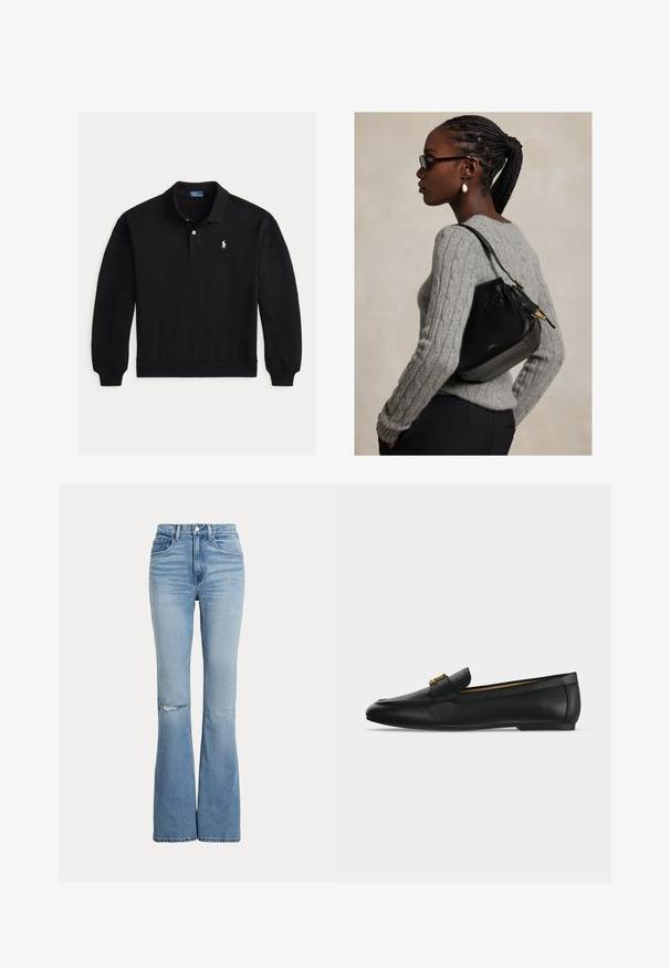 Zwart poloshirt met lange mouwen, geribde manchetten, een twee-knops sluiting en klein wit geborduurd logo op de linkerborst.; Lichtblauwe high-waist flared jeans met voorzakken, knoop- en ritssluiting en een kleine scheur op de linkerknie.; Zwarte leren loafer met een gouden metalen gesp bovenop, platte zool en een gestikt ontwerp langs de bovenrand.; Vrouw met gevlochten haar en bril, die een grijze kabeltrui draagt en een zwarte leren schoudertas met gouden details draagt.