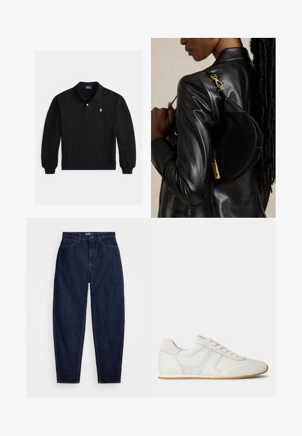 Polo noir à manches longues avec poignets côtelés, patte à deux boutons et petit logo blanc brodé sur la poitrine gauche.; Jeans en denim bleu marine avec une coupe droite, dotés de surpiqûres orange, d'une fermeture à bouton à l'avant et de cinq poches.; Baskets basses blanches avec laçage à l'avant, panneaux en daim et cuir, et une semelle en caoutchouc marron clair sur fond blanc.; Personne portant une veste en cuir noire porte un sac à main noir en forme de croissant avec un fermoir doré sur l'épaule sur un fond uni.