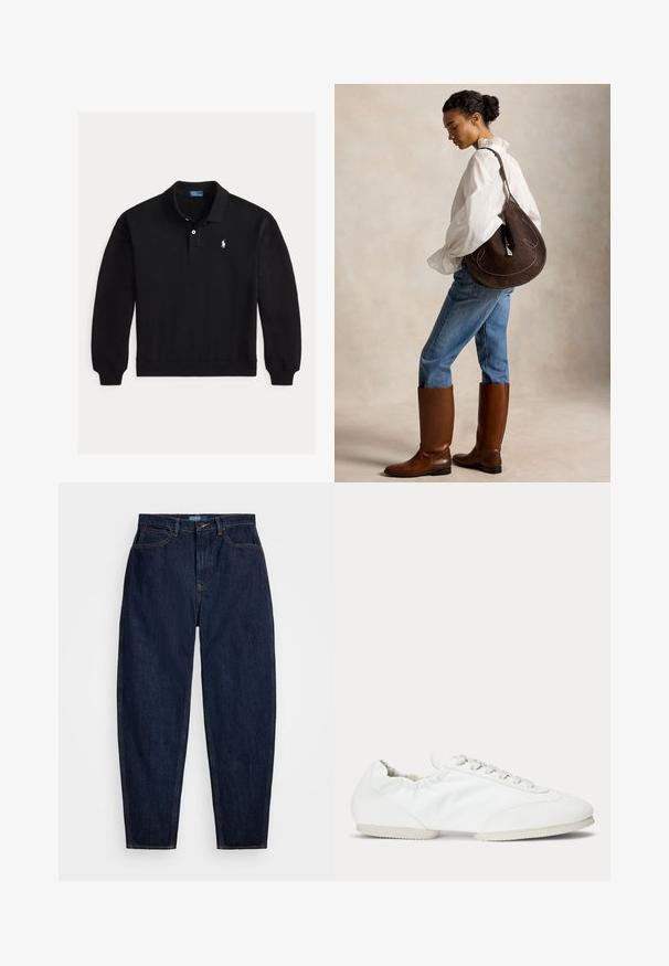 Zwart poloshirt met lange mouwen, geribde manchetten, een twee-knops sluiting en klein wit geborduurd logo op de linkerborst.; Donkerblauwe denim jeans met een rechte pasvorm, voorzien van oranje stiksels, een sluiting met knoop aan de voorkant en vijf zakken.; Wit laagprofiel sneaker met veters, glad stoffen zijpaneel en een zachte, flexibele zool.; Vrouw in wit bloesje en blauwe jeans draagt hoge bruine laarzen en draagt een grote donkerbruine schoudertas, staand zijwaarts tegen een effen achtergrond.
