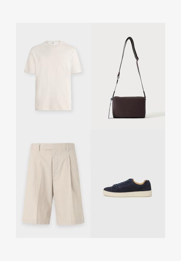 T-shirt blanc uni à manches courtes avec col rond et petite étiquette en tissu au niveau du col sur un fond neutre.; Shorts beige arrivant aux genoux avec passants pour ceinture, braguette zippée à l'avant et un pli sur chaque jambe.; Baskets basses en suede bleu marine avec bout arrondi, semelle en caoutchouc blanc cassé et lacets assortis ; dotées d'une doublure intérieure contrastante couleur tan.; Sac bandoulière en cuir marron foncé texturé avec une sangle réglable et un petit accent décoratif bleu sur le côté.