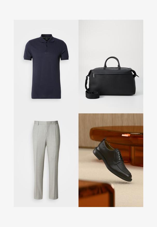Polo en bleu marine en coton, avec un col plat, une patte de boutonnage à trois boutons et un logo brodé sur la poitrine. Manches courtes.; Pantalon tailleur gris clair en tissu lisse, présentant une coupe droite, des plis à l'avant, et une ceinture classique avec passants pour ceinture.; Chaussure habillée noire en cuir à lacets avec devant texturé, flottant au-dessus d'un tapis beige dans une pièce moderne avec des meubles teintés d'ambre.; Sac de voyage en cuir noir avec deux poignées supérieures, une bandoulière amovible et une poche avant zippée pour un espace de rangement supplémentaire.