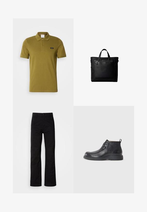 Polo shirt vert olive en coton doux. Dispose d'un col classique, de deux boutons et d'un petit logo de la marque sur la poitrine gauche. Manches courtes.; Pantalons en coton noir avec une coupe droite, dotés d'une fermeture à bouton et de passants de ceinture. Texture lisse et style minimaliste sans motifs visibles.; Bottes noires en cuir à talon arrondi, avec un design à lacets et une languette à l'arrière. Tige texturée et semelle en caoutchouc.; Sac cabas noir avec doubles poignées, grande poche avant en cuir avec fermeture éclair et logo discret Calvin Klein au centre de la poche.