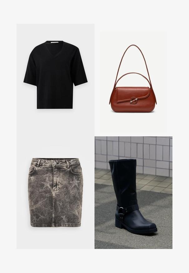 Pull noir à manches courtes avec col en V, ourlet et poignets en côte, sur un fond clair uni.; Jupe en jean mini noire avec un motif d'étoiles décolorées. Elle possède une taille haute, cinq poches et des coutures contrastées. Fermeture classique à bouton.; Botte en cuir noire mi-mollet avec un petit talon bloc et une bride décorative avec boucle métallique autour de la cheville, sur un trottoir carrelé.; Sac à bandoulière en cuir marron de forme rectangulaire arrondie, rabat asymétrique, fermoir circulaire argenté et deux fines bretelles.