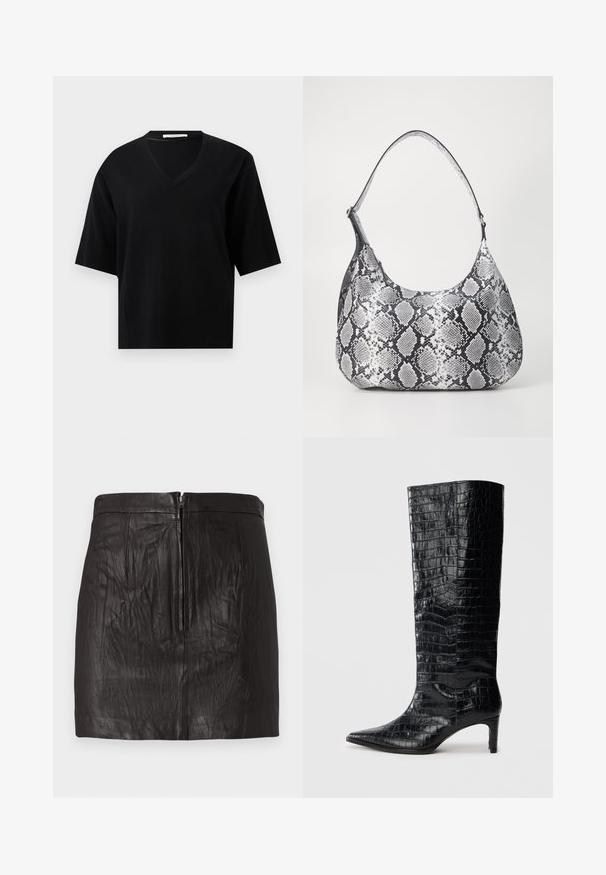 Pull noir à manches courtes avec col en V, ourlet et poignets en côte, sur un fond clair uni.; Mini-jupe en cuir noir avec une fermeture éclair frontale et de subtils détails de coutures verticales sur fond uni.; Bottes noires montantes, avec une texture brillante à motif crocodile, bout pointu et talon effilé. Matériau synthétique lisse.; Sac à épaule en simili cuir noir et blanc avec imprimé serpent, de forme arrondie, texture lisse et bandoulière incurvée. Présente un accent en matériel argenté.