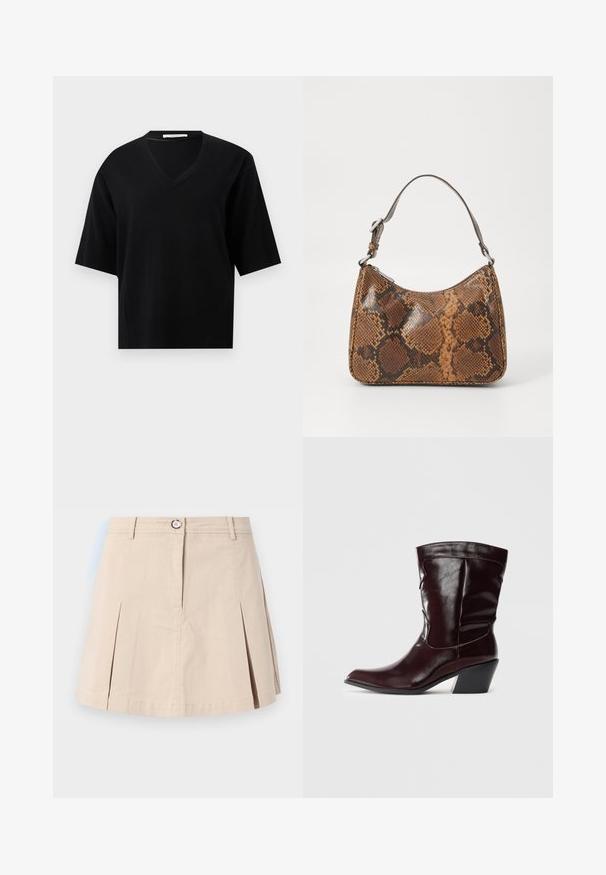 Pull noir à manches courtes avec col en V, ourlet et poignets en côte, sur un fond clair uni.; Jupe courte beige avec plis devant, fermeture à bouton et fermeture éclair, passants de ceinture, présentée sur un fond clair uni.; Bottines en cuir bourgogne avec un bout pointu, une surface texturée et un petit talon effilé. Présente une couture discrète et un ajustement confortable.; Petit sac à main avec un motif en peau de serpent marron et noir, courroie courte et ajustable, et fermeture éclair.