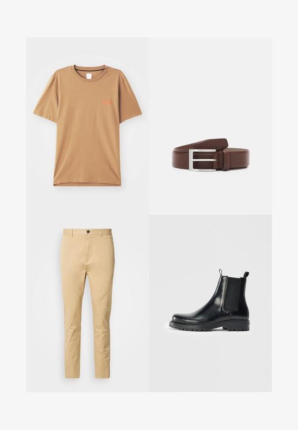 Camiseta de algodón marrón de manga corta con cuello redondo, que presenta un pequeño texto naranja en el pecho y un ajuste relajado.; Chinos beige de algodón con una textura suave. Incluyen un cierre de botón, pasadores para cinturón y se estrechan hacia el tobillo.; Botas Chelsea de cuero negro con paneles laterales elásticos, una pestaña de bucle para facilitar el uso y una suela de goma resistente con un agarre texturizado.; Cinturón de cuero marrón con hebilla rectangular de metal plateado, con una textura suave y un diseño clásico.