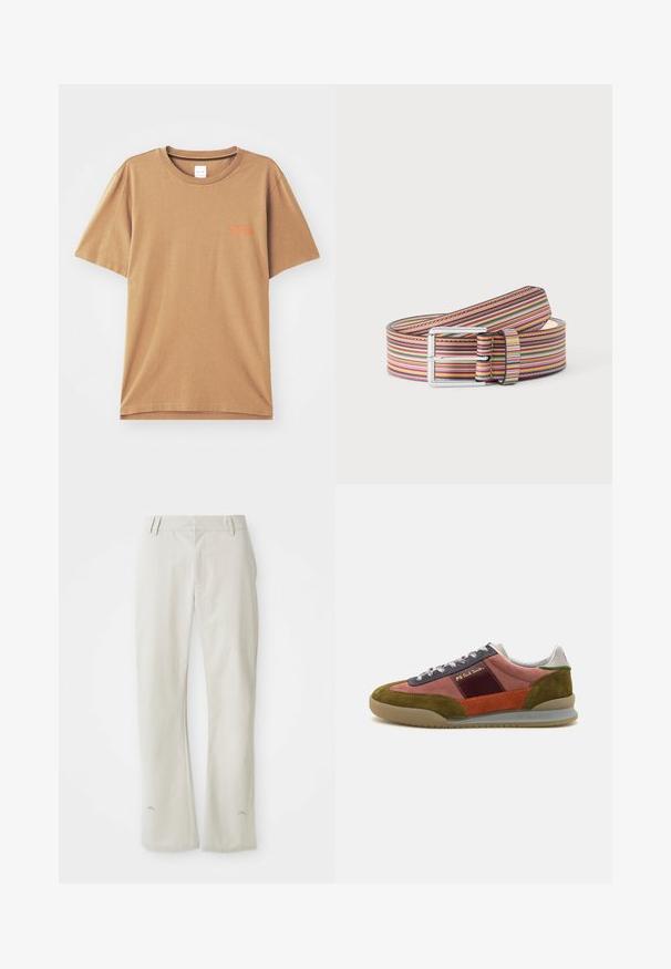 Braunes T-Shirt mit kurzen Ärmeln aus Baumwolle, runder Ausschnitt, mit kleinem orangefarbenem Text auf der Brust und einer lockeren Passform.; Hellgraue, gerade geschnittene Hose aus glattem Material. Mit Fronttaschen, Gürtelschlaufen und einem dezenten Logo nahe dem Saum.; PS Paul Smith DOVER - Sneaker low - pink; Aufgerollter Ledergürtel mit buntem horizontalem Streifenmuster und silberner rechteckiger Schnalle auf einfarbigem Hintergrund.