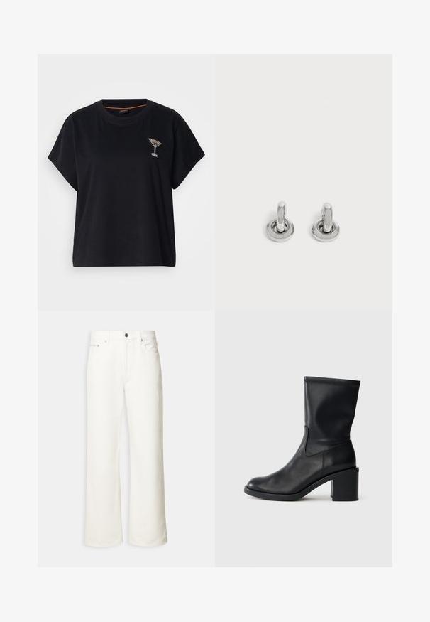 T-shirt noir à manches courtes en coton. Présente un verre à martini orné de strass sur le côté gauche de la poitrine. Encolure ronde, coupe décontractée.; Jean blanc à jambes larges avec boutons à l'avant, passants de ceinture et design à cinq poches.; Botte en cuir noir à cheville avec un bout rond, texture lisse et un talon épais, présentant un tige ajustée et un subtil détail de couture.; Paire de petites boucles d'oreilles créoles argentées brillantes avec une base ronde, présentées sur un fond clair uni.