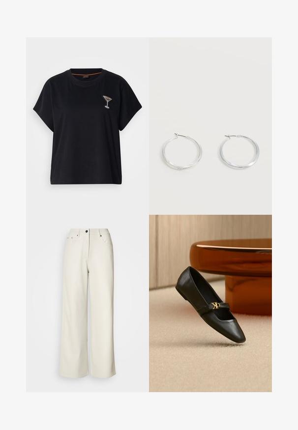 T-shirt noir à manches courtes en coton. Présente un verre à martini orné de strass sur le côté gauche de la poitrine. Encolure ronde, coupe décontractée.; Pantalons larges de couleur crème en tissu lisse. Dotés d'une taille mi-haute, d'une fermeture éclair et de deux poches avant avec des accents en matériel noir.; Chaussure plate en cuir noir avec bout pointu et logo CK doré sur la bride, posée sur un tapis beige près d'une table ronde couleur ambre brun.; Boucles d’oreilles créoles en métal argenté avec une surface lisse légèrement incurvée et des fermoirs à clapet sur un fond blanc uni.