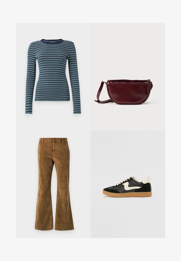 Haut ajusté à manches longues en marine avec des rayures horizontales blanches et bleu-vert alternées. Texture côtelée douce, col rond et design simple.; Pantalon évasé en velours côtelé marron avec une texture lisse, des poches avant et une fermeture à bouton. Présente un motif côtelé vertical sur toute la surface.; Baskets en daim et cuir noir avec un swoosh latéral crème et un talon crème clair. Dotées de lacets beige et d'une semelle en caoutchouc gomme.; Sac à main en cuir marron foncé avec une forme en demi-lune, une fermeture éclair et une bandoulière amovible. Texture lisse avec un léger éclat.
