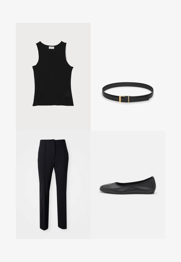 Débardeur noir à côtes avec un encolure ronde et de larges bretelles, présentant une finition texturée subtile et un petit détail en mesh au bas.; Pantalons noirs ajustés avec une coupe droite, fabriqués dans un tissu lisse, dotés d'un devant plat et de poches sur les côtés pour plus de fonctionnalité.; Ballerines en cuir noir avec un bout rond, texture lisse, détails de couture minimalistes et design de semelle flexible.; Ceinture en cuir noir présentant une texture lisse, une boucle rectangulaire dorée et plusieurs trous pour un ajustement réglable.
