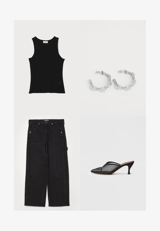 Schwarzes, geripptes Tanktop mit rundem Ausschnitt und breiten Trägern, das eine subtile Texturierung und ein kleines Netzdetail am Saum aufweist.; RE/DONE PAINTER JEAN - Jeans Relaxed Fit - crafted black; Schwarzes Netz-Mule mit spitzem Zehenbereich, dünnen Riemen und 7,5 cm hochhackigem Stiletto-Absatz. Verfügt über eine durchsichtige Textur und eine einfarbige Sohle.; Silberne Creolen mit einem strukturierten, unregelmäßigen Design. Hergestellt aus Metall, verfügen sie über einen sicheren Postverschluss und ein glänzendes Finish.