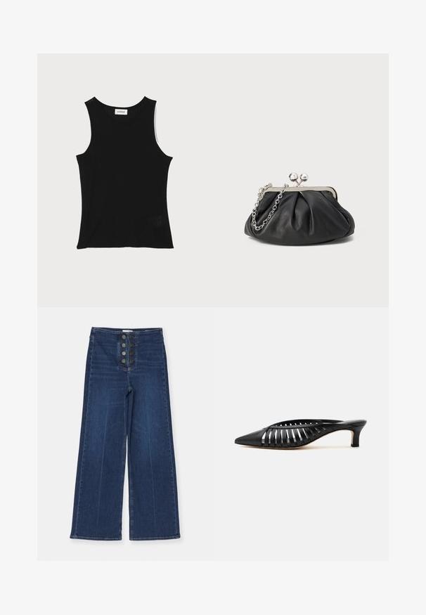 Débardeur noir à côtes avec un encolure ronde et de larges bretelles, présentant une finition texturée subtile et un petit détail en mesh au bas.; Jean en denim à jambes larges de couleur bleu foncé, avec une taille haute et une fermeture à cinq boutons à l'avant, ayant une texture lisse et un léger dégradé.; Mule en cuir noir avec bout pointu, design découpé à brides et petit talon kitten sur fond blanc.; Porte-monnaie en cuir noir avec texture froncée, cadre en métal argenté, fermeture à verrouillage kiss-lock et bandoulière en chaîne. Surface lisse et douce.