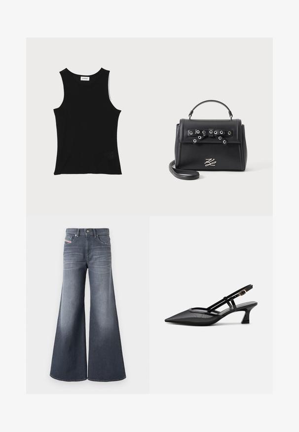 Zwarte geribbelde tanktop met een ronde halslijn en brede schouderbanden, met een subtiele textuurafwerking en een klein gaasdetail aan de zoom.; Wijde donkergrijze denim jeans met voorzakken, lussen voor een riem en knoopsluiting, met subtiele vervaagde details op de dijen.; Zwarte slingbackschoen met puntige neus, mesh bovenwerk, dunne bandjes, gouden gesp en lage gebogen hak op witte achtergrond.; Zwarte leren handtas met topgreep, afneembare schouderriem, zilveren oogje strikdetail op de flap en zilveren logo-embleem aan de voorkant.