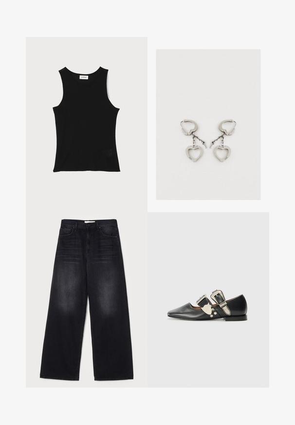 Zwarte geribbelde tanktop met een ronde halslijn en brede schouderbanden, met een subtiele textuurafwerking en een klein gaasdetail aan de zoom.; Mother THE SPINNER ZIP SNEAK - Relaxed fit jeans - black; Zwarte leren platte schoen met een puntige neus, zilveren gespsaccenten en decoratieve nagels. Beschikt over een lage hak en een soepele textuur.; Zilveren metalen oorbellen met een hartvormig ontwerp en een kettinglink. De oorbellen zijn voorzien van een klapsluiting voor een veilige bevestiging.