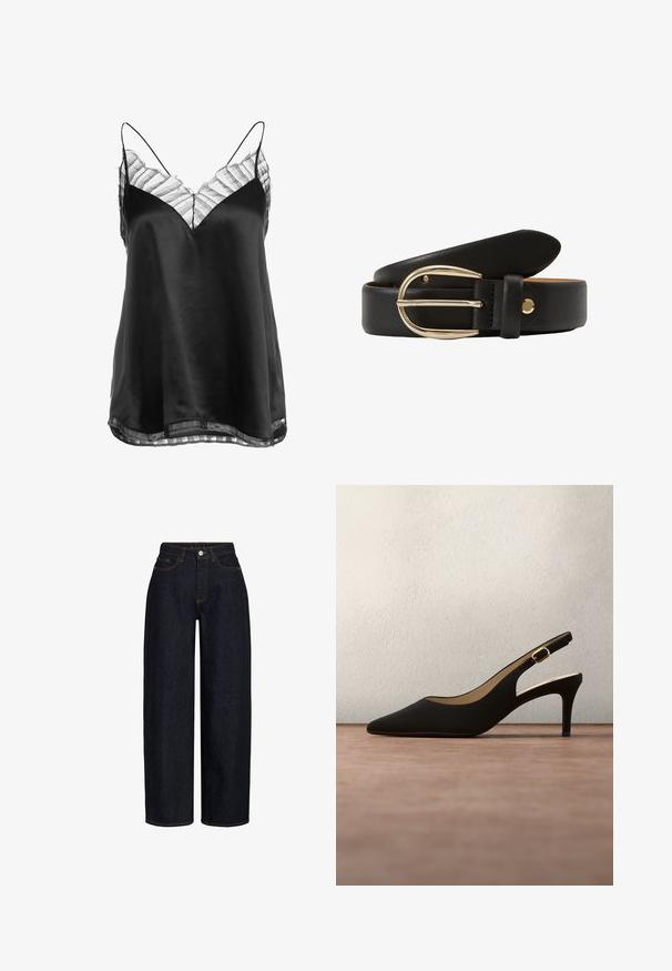 Camisole en satin noir avec un décolleté en V et une bordure en dentelle rayée transparente le long du col et de l'ourlet, avec de fines bretelles ajustables.; Jean large en denim foncé à taille haute, avec poches avant, fermeture éclair et détails de couture contrastants. Texture lisse.; Chaussure à talon haut slingback noire à bout pointu avec une petite boucle dorée, montrée flottant au-dessus d'une surface grise sur un fond en verre flou.; Ceinture en cuir noir avec une texture lisse, dotée d'une boucle en métal doré et d'un design comprenant une ardillon et un passant.