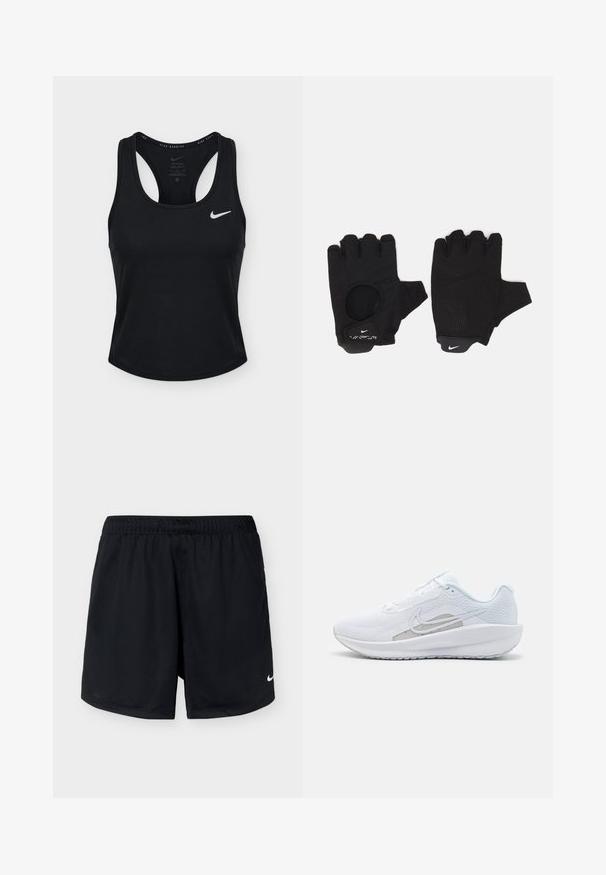 Camiseta sin mangas negra para correr Nike Dri-FIT con espalda racer y logo blanco de Nike en el pecho izquierdo.; Pantalones cortos deportivos negros de Nike con cintura elástica y pequeño logo blanco de Nike en la parte inferior derecha, exhibidos sobre un fondo claro y liso.; Zapatilla deportiva blanca con parte superior de malla, punta redondeada y suela texturizada. Presenta un swoosh de Nike plateado y un diseño minimalista.; Guantes sin dedos negros con un diseño texturizado. Hechos de un material transpirable, cuentan con un orificio para el pulgar y una palma reforzada para mejorar el agarre.