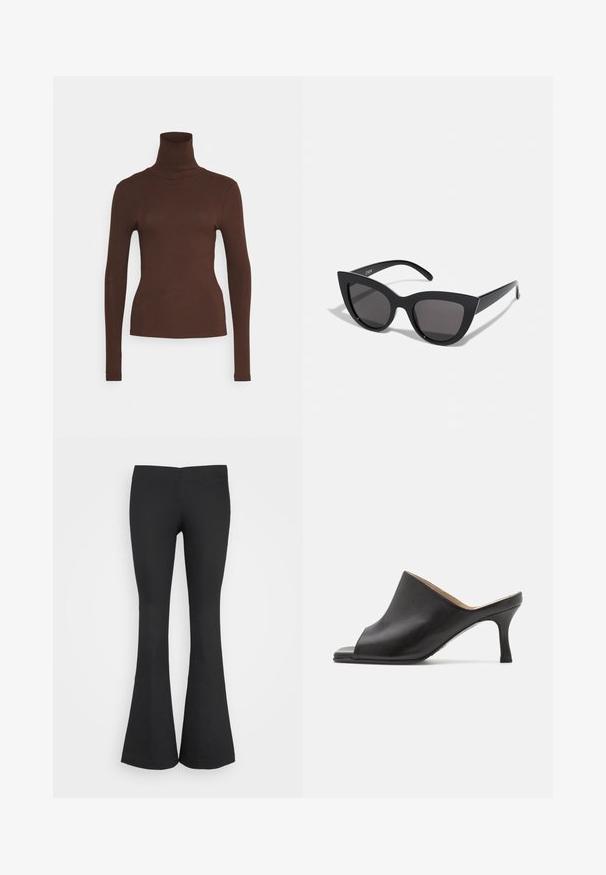 Pieces PCKITTE ROLLNECK - Top s dlhým rukávom - chicory coffee; Monki Nohavice - black; Selected ASHLEY - Šľapky na opätku - black; Čierne slnečné okuliare v štýle mačacích očí s matným povrchom, so šedými tónovanými sklami, ostrými hranami a elegantnými bokovými ramenami. Názov značky je viditeľný na vnútornom ramene.