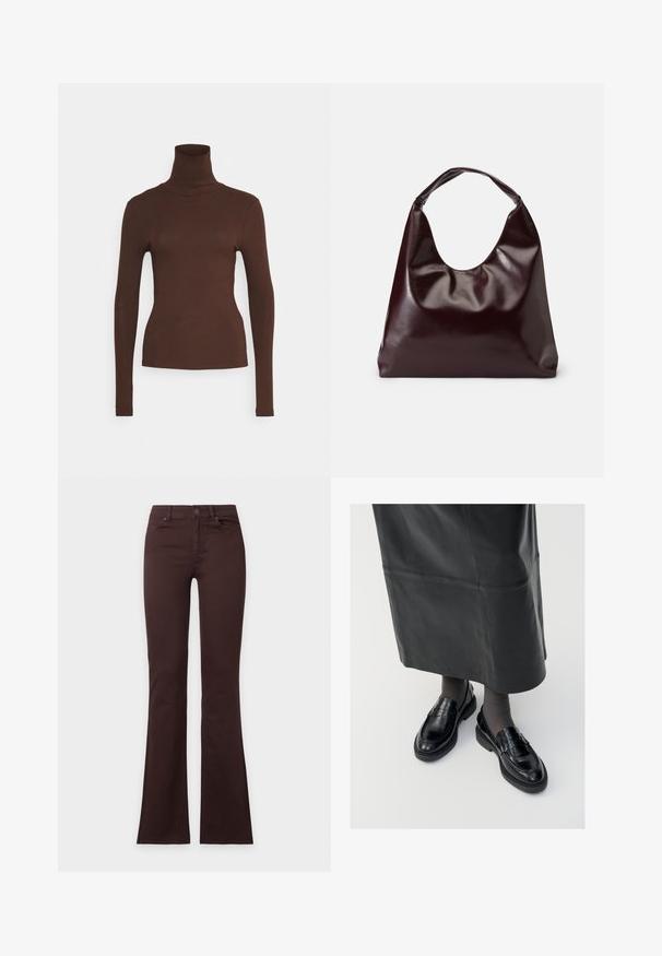 Pieces PCKITTE ROLLNECK - Top s dlhým rukávom - chicory coffee; Tmavohnedé bootcut džínsy s gombíkom a zipsom, predné a zadné vrecká, rozložené naplocho na jednoduchom bielom pozadí.; Čierne kožené poltopánky s hladkým povrchom, s dekoratívnym pásikom, okrúhlou špičkou a textúrovanou podrážkou. Nosené s dlhou čiernou koženou sukňou.; Burgundská, lesklá vegan kožená taška s mäkkým, sochárskym tvarom a širokým, zakriveným uchom pre jednoduché nosenie.