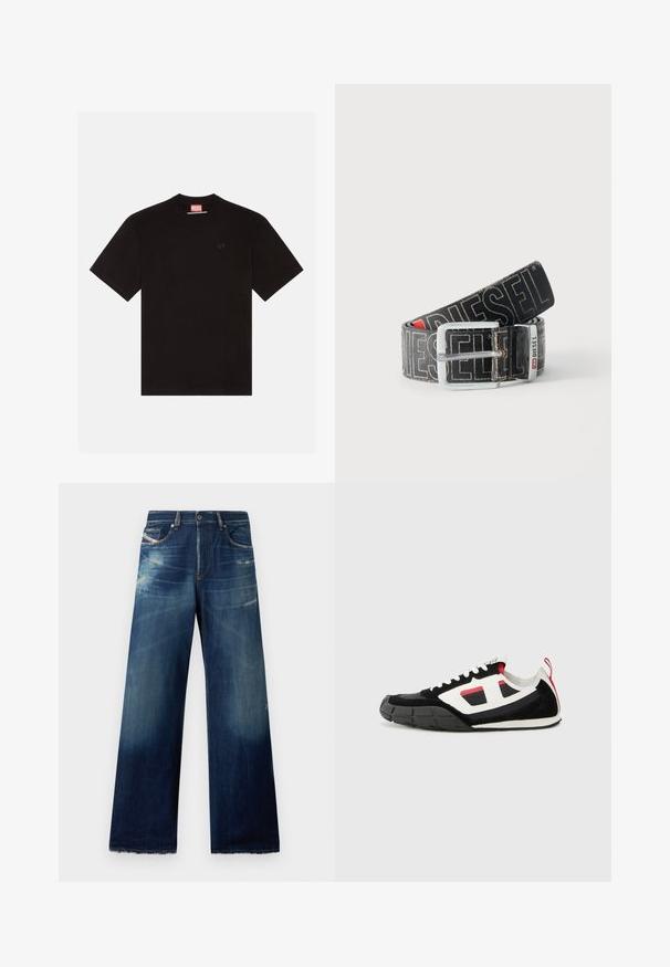 Sort bomulds T-shirt med korte ærmer, rund halsudskæring og et lille præget logo på brystet. Rød mærkat ved halsudskæringen.; Bredde denim jeans i mørkeblå med slidte områder, distressed detaljer og flossede kanter. Fire lommer og knaplukning.; Diesel S PAGODHA LOW - Sneakers - black; Sort Diesel-bælte med stor hvid logo tekst, rektangulært sølvspænde og brandet metal-loop detalje, rullet sammen på en lys baggrund.