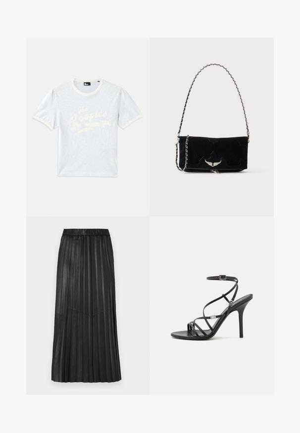 T-shirt bleu clair à manches courtes avec un col crème et des manches bouffantes, arborant le texte blanc "The Kooples" avec un design d'éclair.; Jupe plissée noire en matériau synthétique avec une taille élastique et des plis verticaux, présentant un détail de couture en V à l'avant.; Sandale noire à talons hauts avec des brides fines, une boucle à la cheville, une surface en cuir lisse et un talon aiguille élancé.; Sac à main rectangulaire noir avec un emblème ailé argenté sur le devant et une bandoulière chaîne argentée sur fond uni.