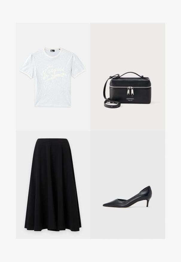 Lichtblauwe t-shirt met korte mouwen en een crèmekleurige kraag, met opgeblazen mouwen, featuring witte tekst "The Kooples" met een bliksemschichtontwerp.; Zwarte midirok met uitlopende A-lijn snit en aangesloten tailleband, afgebeeld tegen een effen lichte achtergrond.; Zwarte leren pump met een puntige neus en lage hak. Heeft een gladde textuur en een subtiele glans. Open uitsparing aan de voorkant voor extra detail.; Zwarte rechthoekige lederen crossbodytas met zilveren dubbele rits en verstelbare riem, voorzien van het Emporio Armani-logo en de tekst Milano 1981.