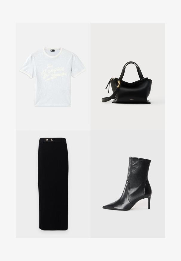 Svetlomodré tričko s krátkym rukávom a krémovým golierom, s vypučanými rukávmi, s bielym textom "The Kooples" a dizajnom blesku.; AERON FORUM - Puzdrová sukňa - black; Čierne kotníkové topánky vyrobené z hladkej kože, s špicatou špičkou, priliehavým zvrškom aúzkym vysokým podpätkom. Minimalistický dizajn bez viditeľného kovania.; Čierna kožená kabelka so zakriveným dizajnom, zlatými kovaniami, krátkymi rúčkami a odnímateľným ramenným popruhom. Vyznačuje sa hladkou textúrou a detailom s logom.
