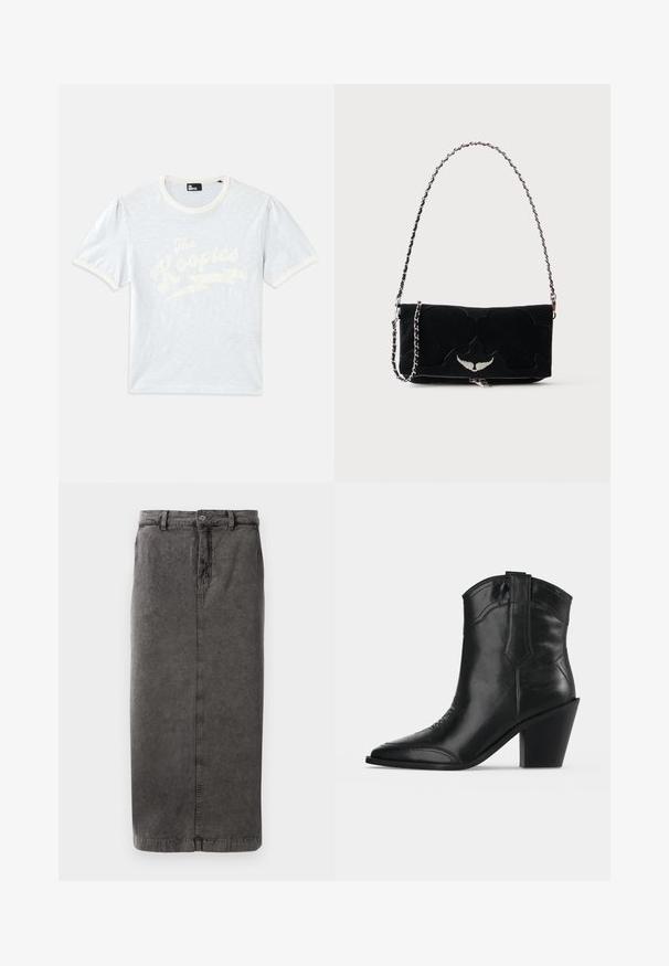 T-shirt bleu clair à manches courtes avec un col crème et des manches bouffantes, arborant le texte blanc "The Kooples" avec un design d'éclair.; Jupe en mélange de coton gris avec une silhouette droite, fermeture à boutons et à glissière, passants de ceinture et une seule poche au dos.; Bottine noire en cuir avec bout pointu, coutures décoratives, languette de tirage et talon bloc épais sur fond clair uni.; Sac à main rectangulaire noir avec un emblème ailé argenté sur le devant et une bandoulière chaîne argentée sur fond uni.