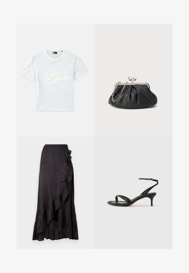 T-shirt bleu clair à manches courtes avec un col crème et des manches bouffantes, arborant le texte blanc "The Kooples" avec un design d'éclair.; Jupe en satin noir avec un ourlet froncé et des détails sur le côté. Le motif léopard texturé ajoute un intérêt visuel. Silhouette longue et fluide.; Sandale pour femme en cuir noir avec fines lanières, une boucle d'orteil, une boucle à la cheville et un talon aiguille de hauteur moyenne sur un fond neutre.; Porte-monnaie en cuir noir avec texture froncée, cadre en métal argenté, fermeture à verrouillage kiss-lock et bandoulière en chaîne. Surface lisse et douce.